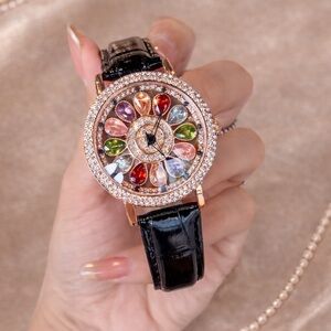 Women's Multicolor Crystal Petal Dial Watch with Black Leather Strap